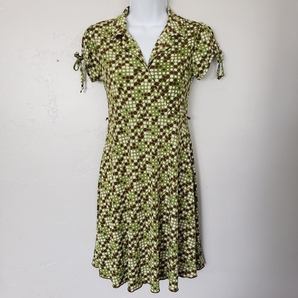 Speechless Womens 14 Green Brown Ivory Dress Pin Up Retro Boho Midi Short Sleeve - Picture 1 of 9